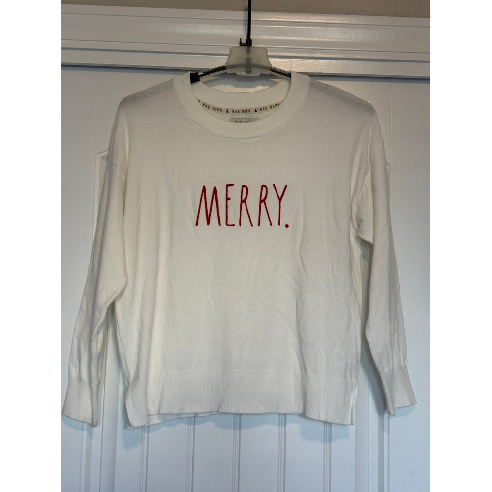 Rae Dunn Merry Christmas Sweater Womens Large White Red Embroidered MERRY - Picture 2 of 8
